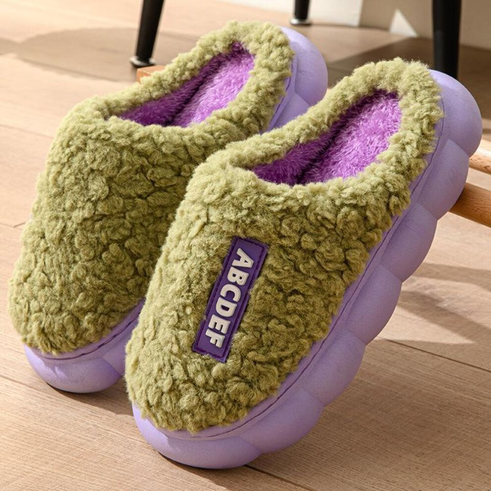 (purple, 38-39) Warm Women Slippers Winter Home Furry Slippers Color Patchwork Cotton Slippers Female Home Slippers Indoor Non-slip Plush Slipper