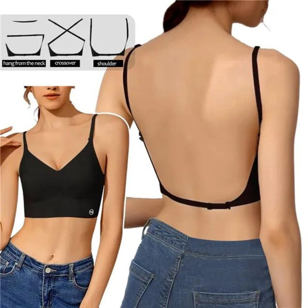 (black, 36/80 ABC) Women Invisible Bra Deep U Plunge Bras Backless Top for Dresses Sexy Lingerie with Transparent Strap Push Up Strapless Underwear