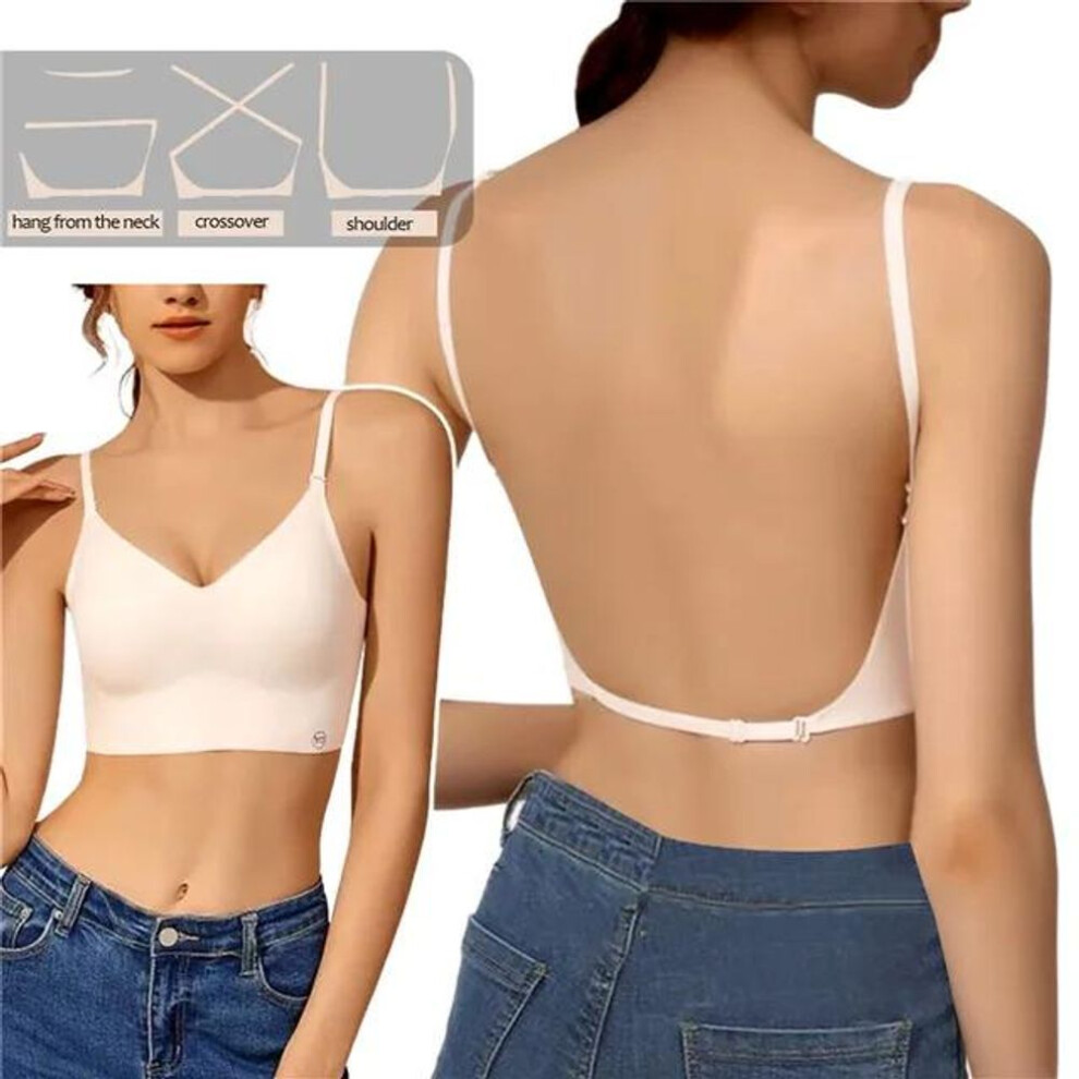 (beige, 34/75 ABC) Women Invisible Bra Deep U Plunge Bras Backless Top For Dresses Sexy Lingerie With Transparent Strap Push Up Strapless Underwear