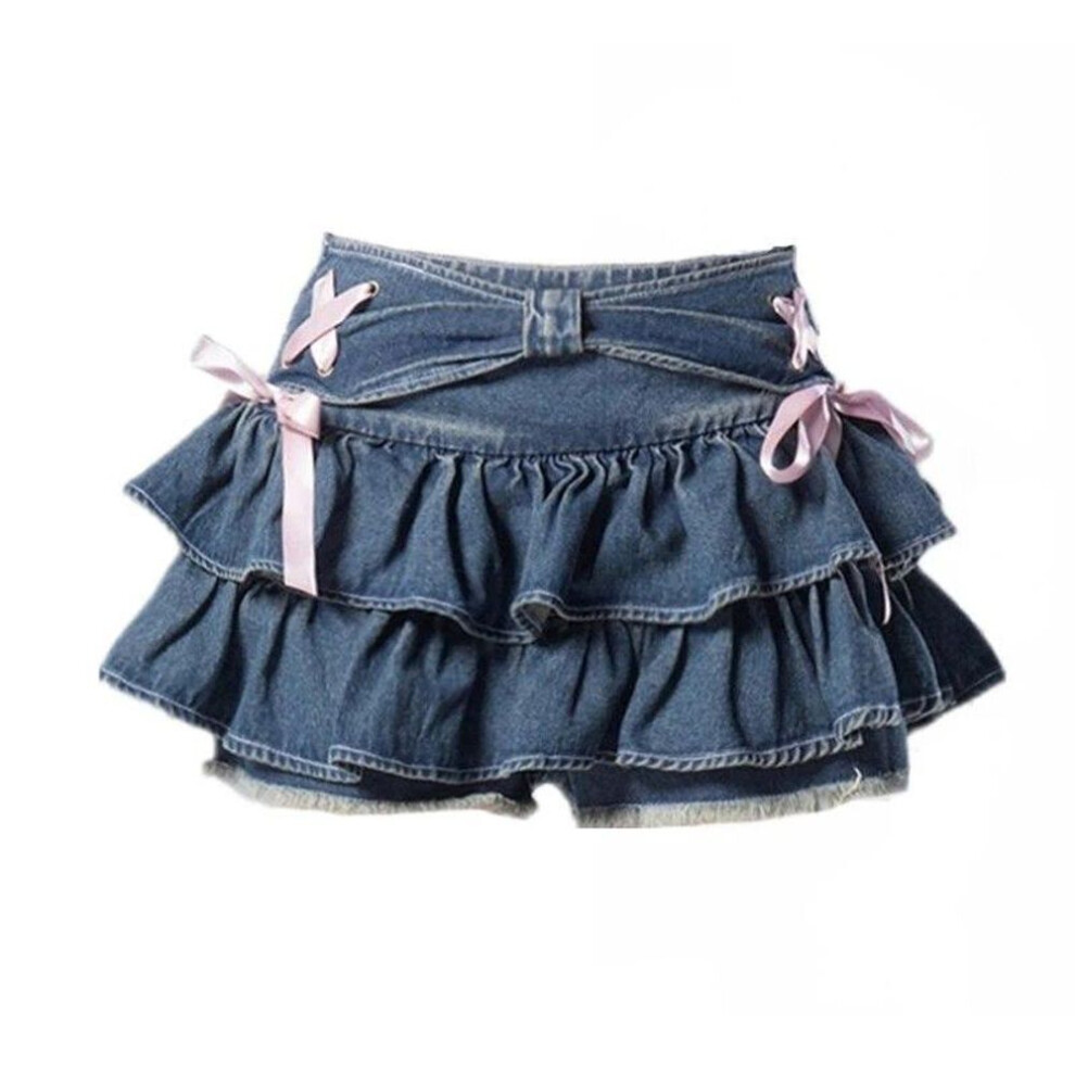 (M, blue) Aesthetic Sweet Kawaii Mini Denim Skirts Women Hot Girls Bow Vintage Y2k Streetwear Clothes Female American Sexy A-line Skirt Summer