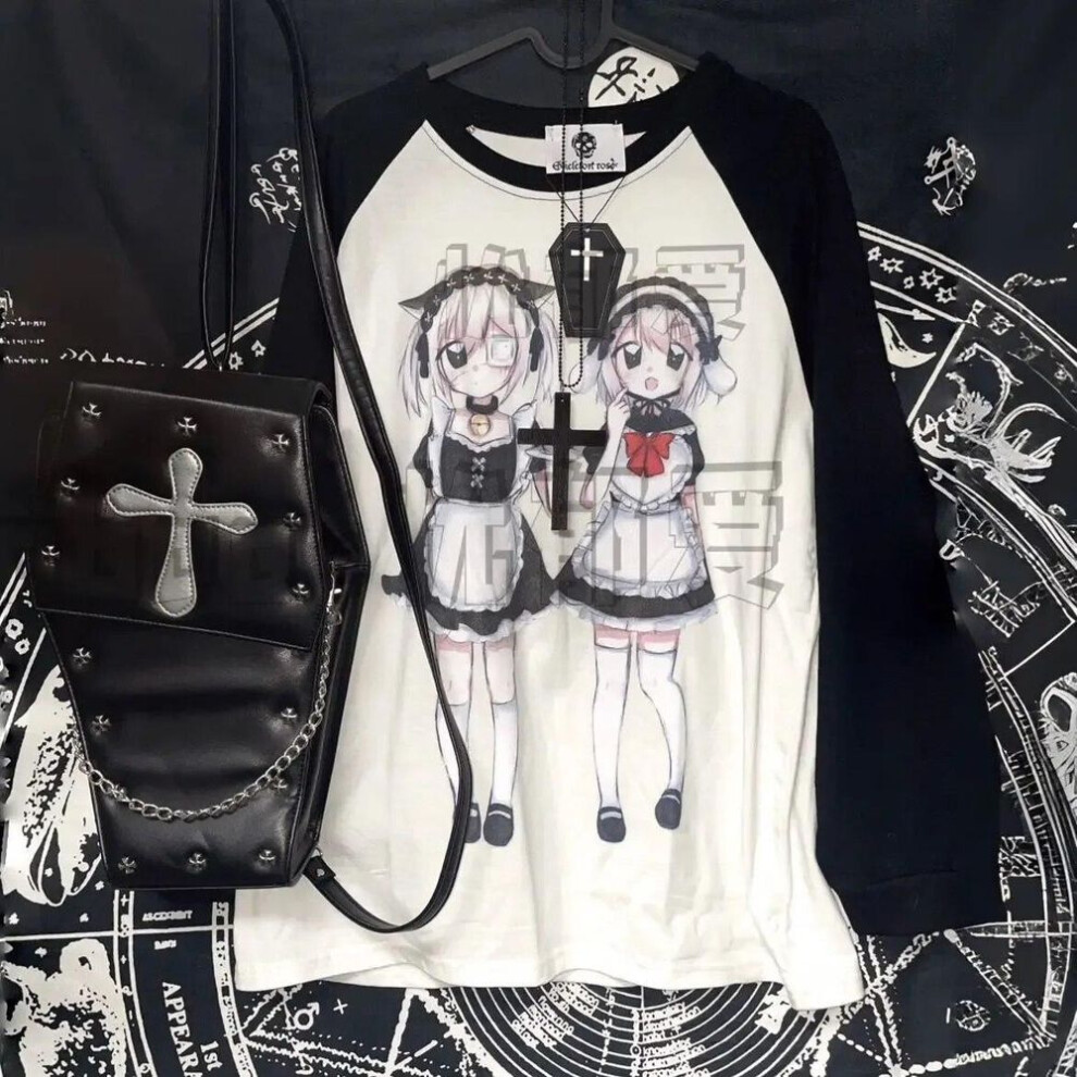 (XL, black) Sweet Kawaii Print Mid-length T-shirts 2024 Autumn New O-neck Tee Shirt Y2k Grunge Long Sleeve Loose Tops Women Hoodies