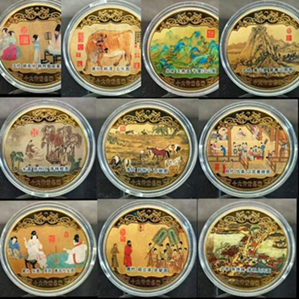 (as the picture, 40*1.5mm) Top 10 Chinese Famous Paintings, Colored Gold Coins, Thousand Mile Rivers And Mountains, Qingming Rivers And Rivers, Metal Crafts, Small Coins