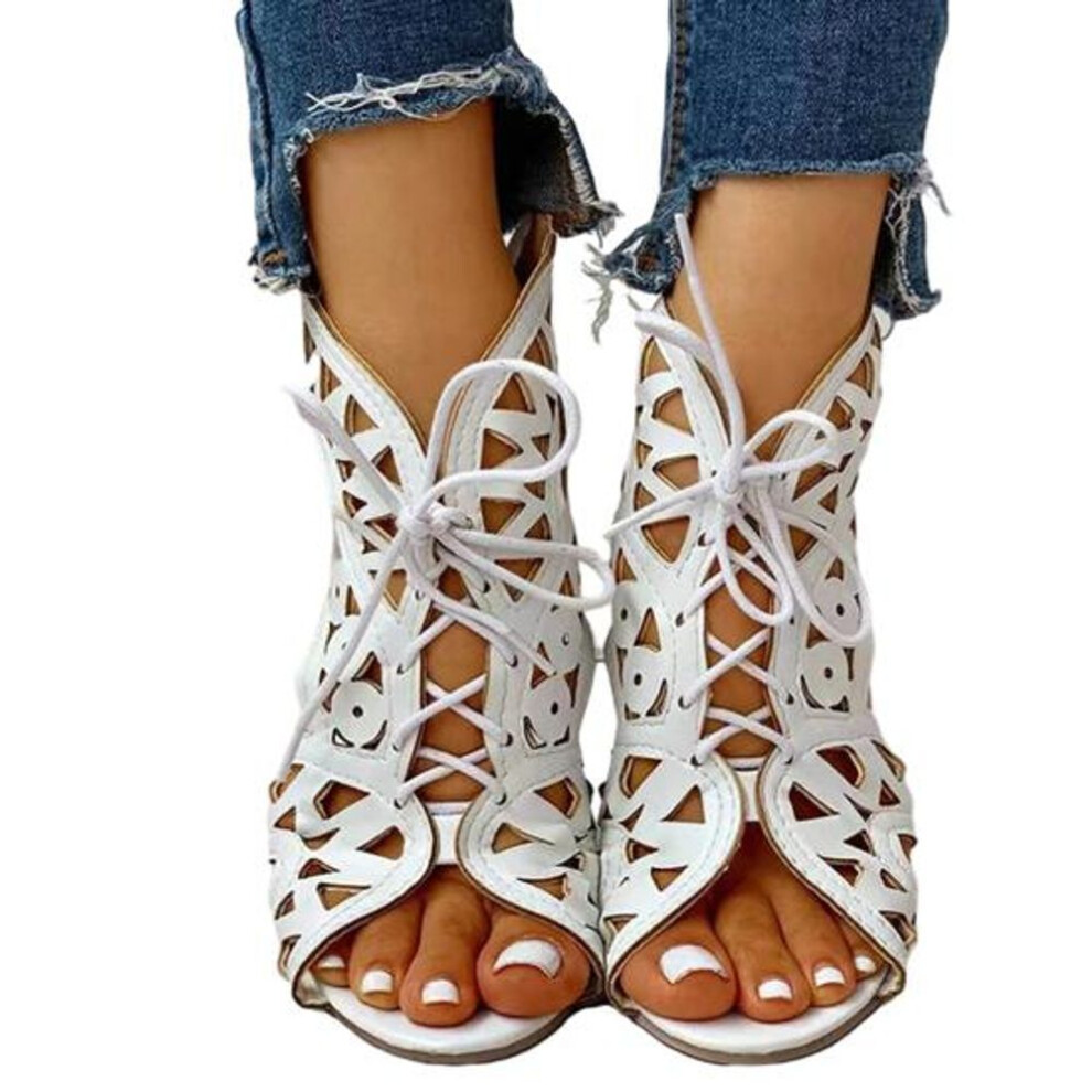 (white, 42) 1 Pair Women&apos;s Peep Toe Sandals Summer Fashion Wedge Hollow Out Lace-up Party Sandals Beach Shoes
