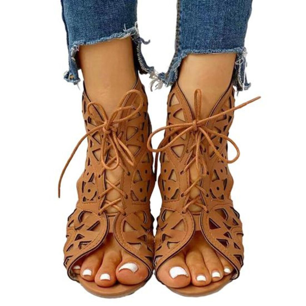 (brown, 38) 1 Pair Women&apos;s Peep Toe Sandals Summer Fashion Wedge Hollow Out Lace-up Party Sandals Beach Shoes