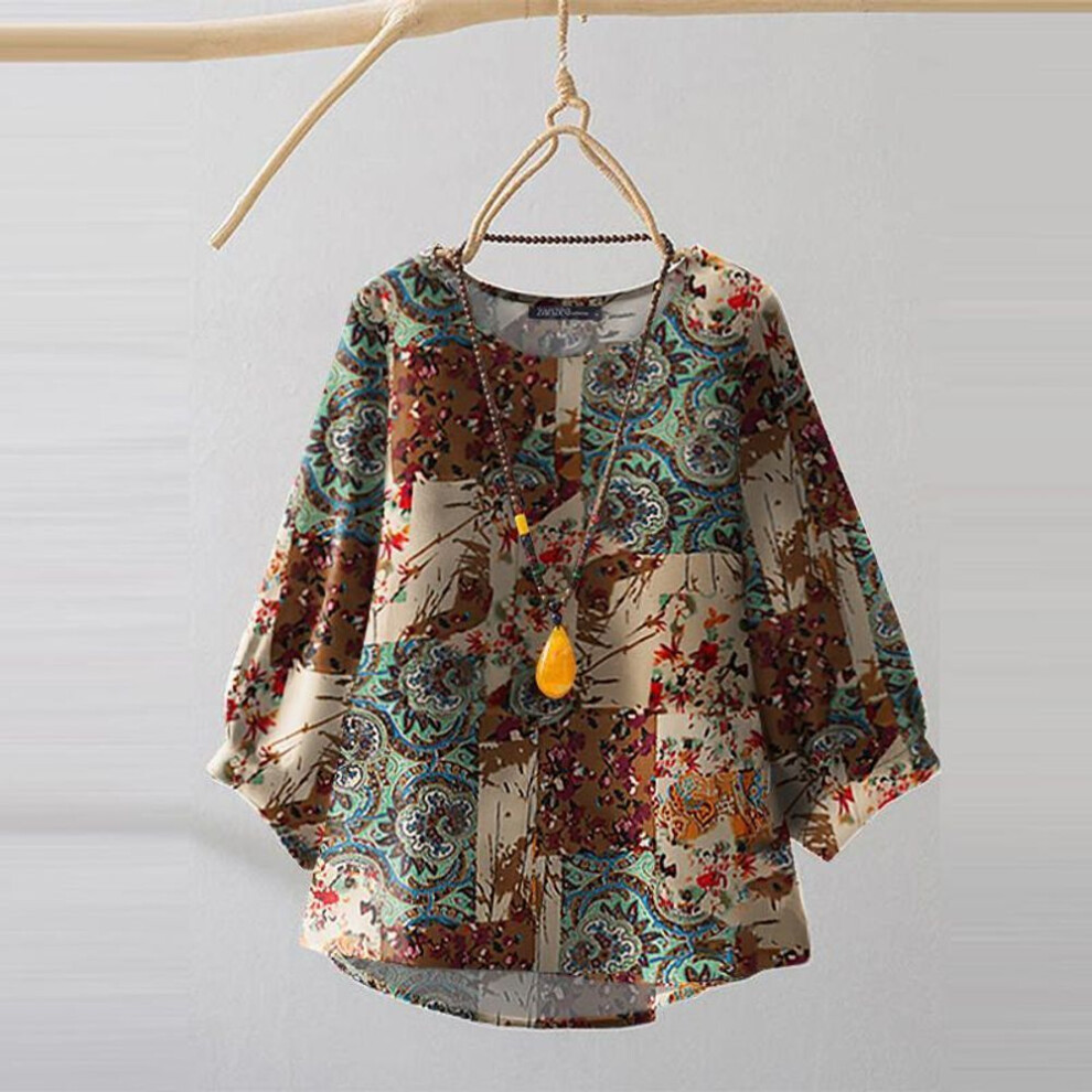 (4XL, green) ZANZEA Women Casual Ethnic Print 3/4 Sleeve Loose Blouse