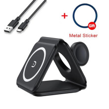 (black) 3 In 1 Magnetic Wireless Charger Pad Stand Foldable Phone Chargers for iPhone 15 14 13 12 11 Apple Watch AirPods 15W Fast Charging Dock Station