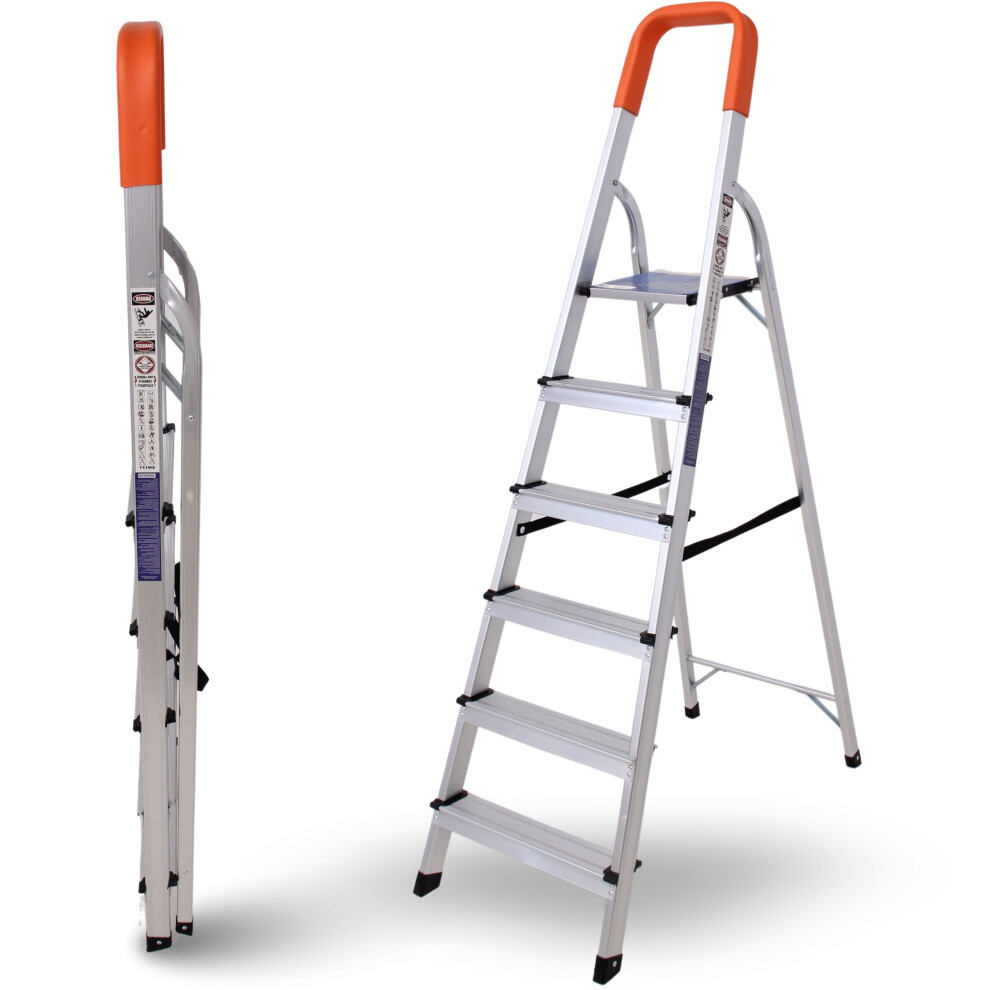 (6-Step Ladder) Aluminium Step Ladders - Heavy Duty Folding Ladder with Safety Handrail - Compact, Portable Step Ladder
