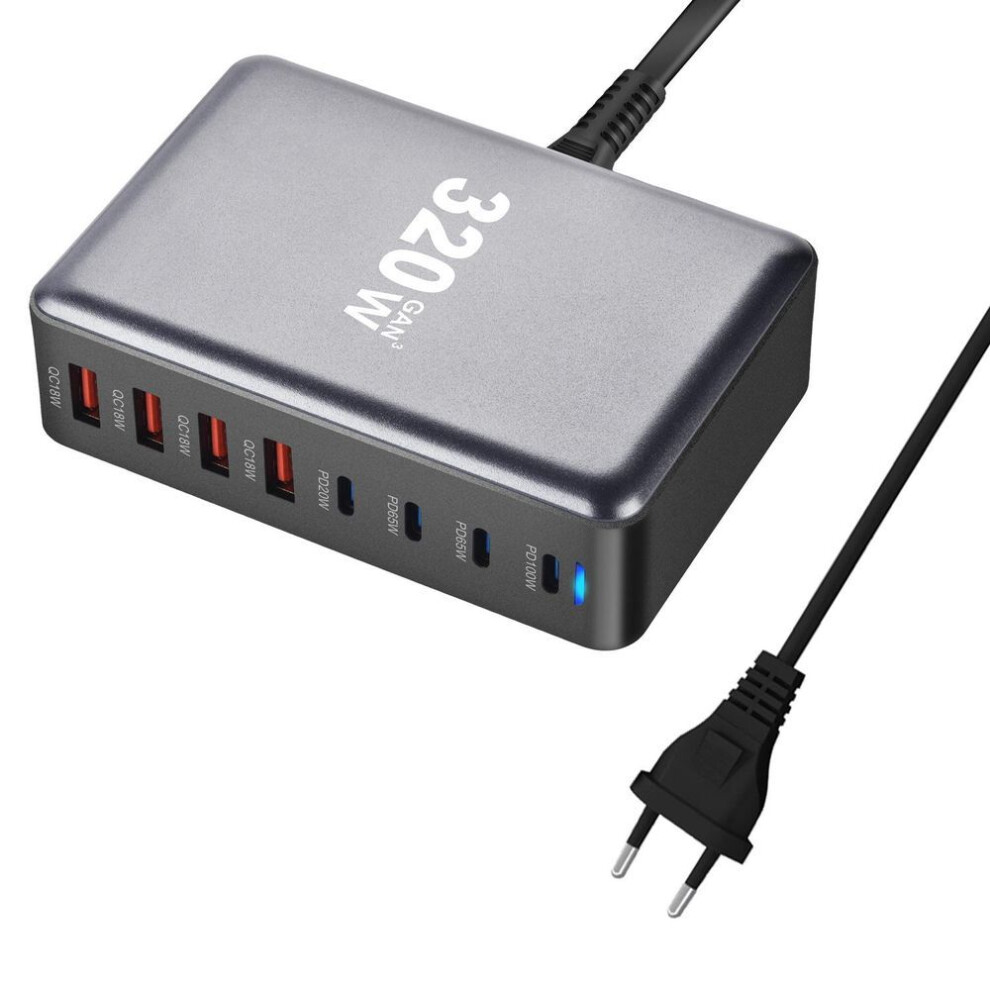 (EU Plug) 320w Gan Charger Usb C Fast Desktop 8-port Usb Type C Pd Charger Fast Charge 3.0 Usb Type C Fast Charger For Iphone15 14 Samsung