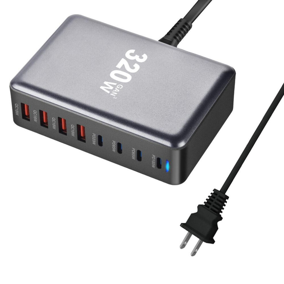 (US Plug) 320W GaN Charger USB C Fast Desktop 8-port USB Type C PD Charger Fast Charge 3.0 USB Type C Fast Charger for iPhone15 14 Samsung