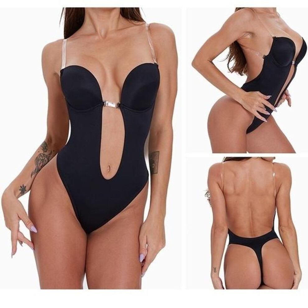 (black, XL) Women&apos;s Deep V Backless Bodysuit Thong Bottom (with Breast Augmentation Padded Bra) Wedding Dress Lingerie