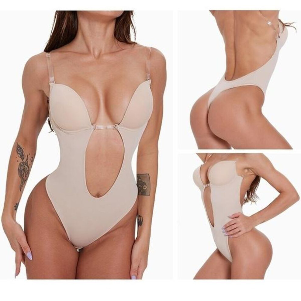 (nude, S) Women&apos;s Deep V Backless Bodysuit Thong Bottom (with Breast Augmentation Padded Bra) Wedding Dress Lingerie