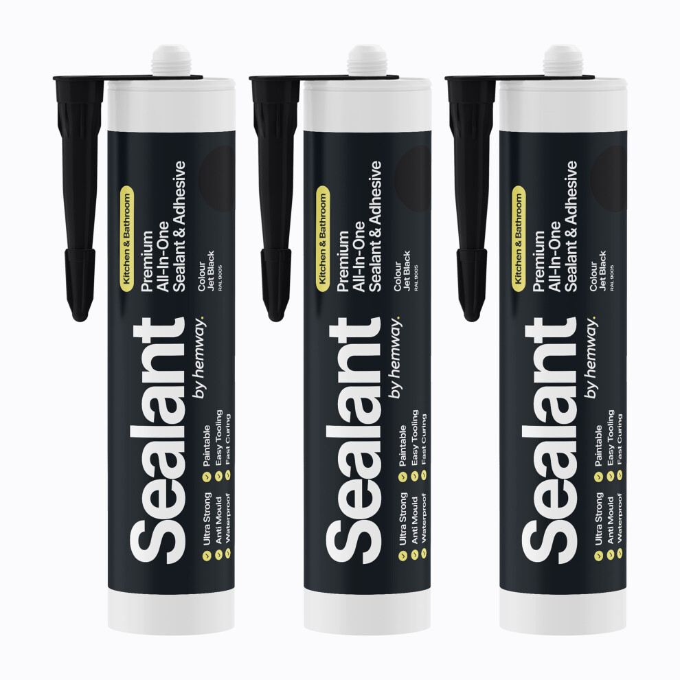 (Jet Black, 3 Pack) Hemway Kitchen & Bathroom All-In-One Hybrid Polymer Sealant & Adhesive