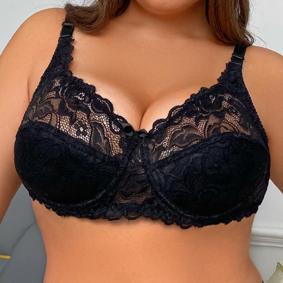 (black, 90D) Plus Size Sheer Lace Hollow Out Bralette For Women, Underwire Thin Cup Breathable Lingerie Top