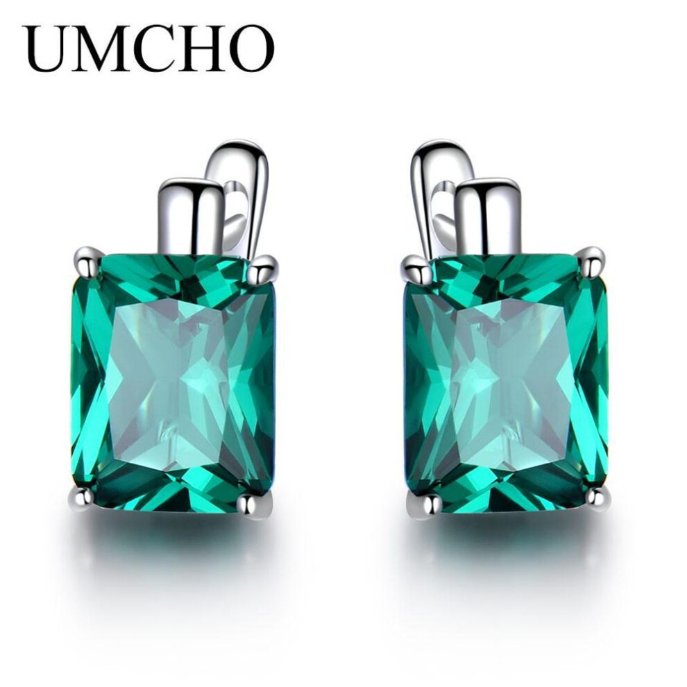 (as the picture) UMCHO Luxury Square diamond inlay Clip Earrings for Women Genuine Jewelry Green Gemstone Fashion Wedding Gift