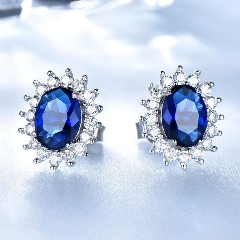 (blue) Luxury Genuine 925 Sterling Silver Earrings Blue Oval Cute Zirconia Stud Earring