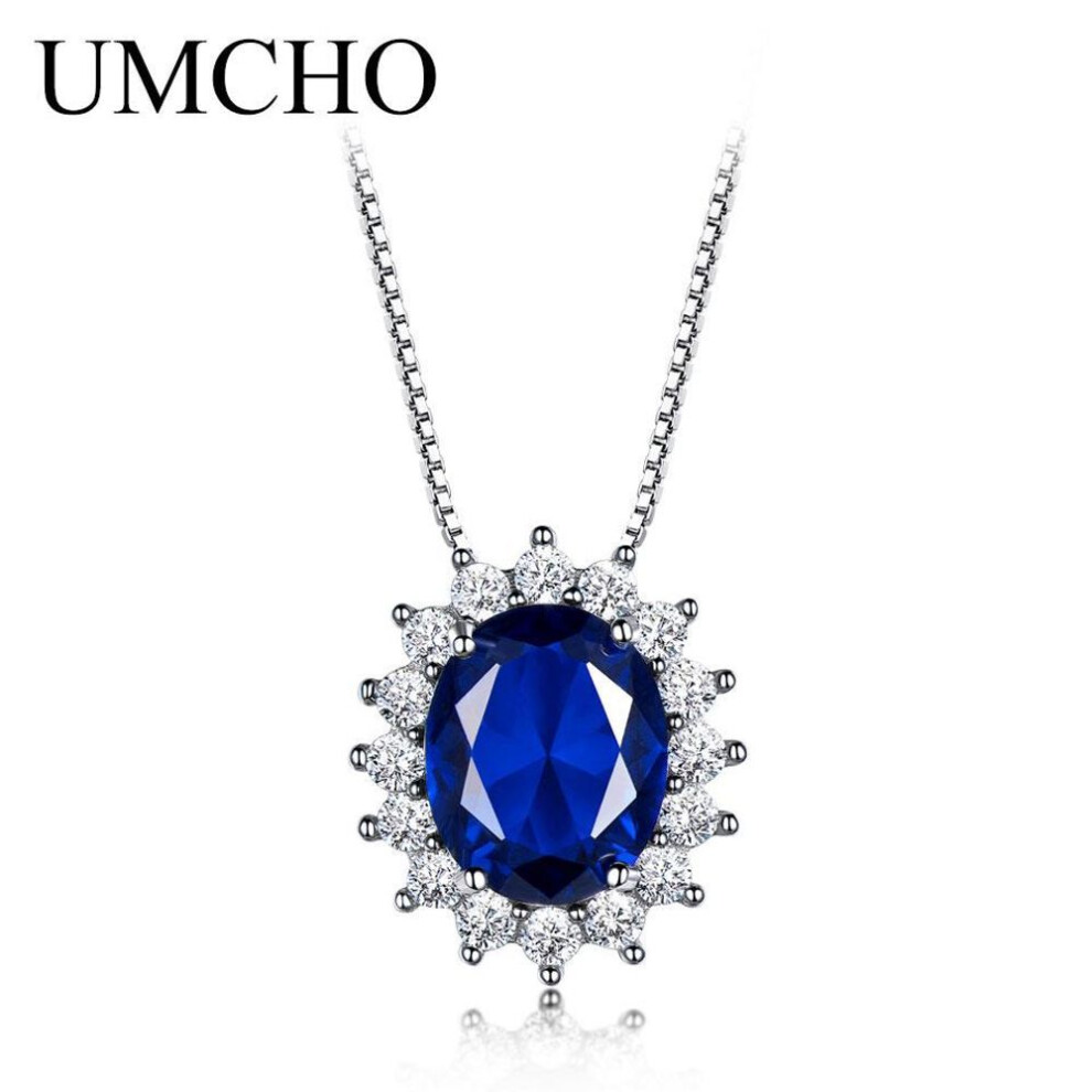 (sapphire) Umcho Oval 8*10mm Gemstone Sapphire Pendant 925 Sterling Silver Necklaces For Women Wedding Gift
