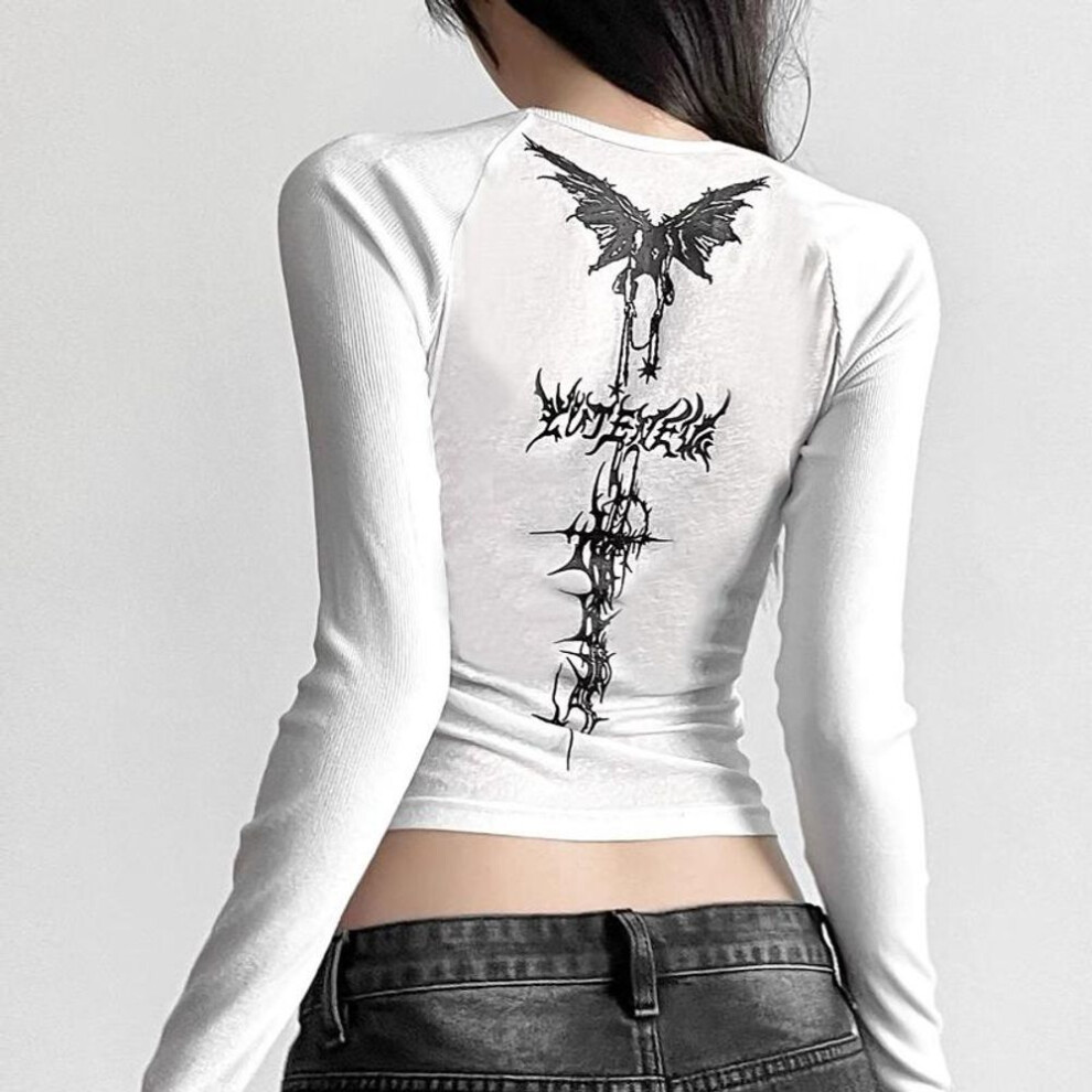 (S, white) Y2K European and American street printed long sleeved round neck exposed navel T-shirt for women&apos;s slim fit and slimming top