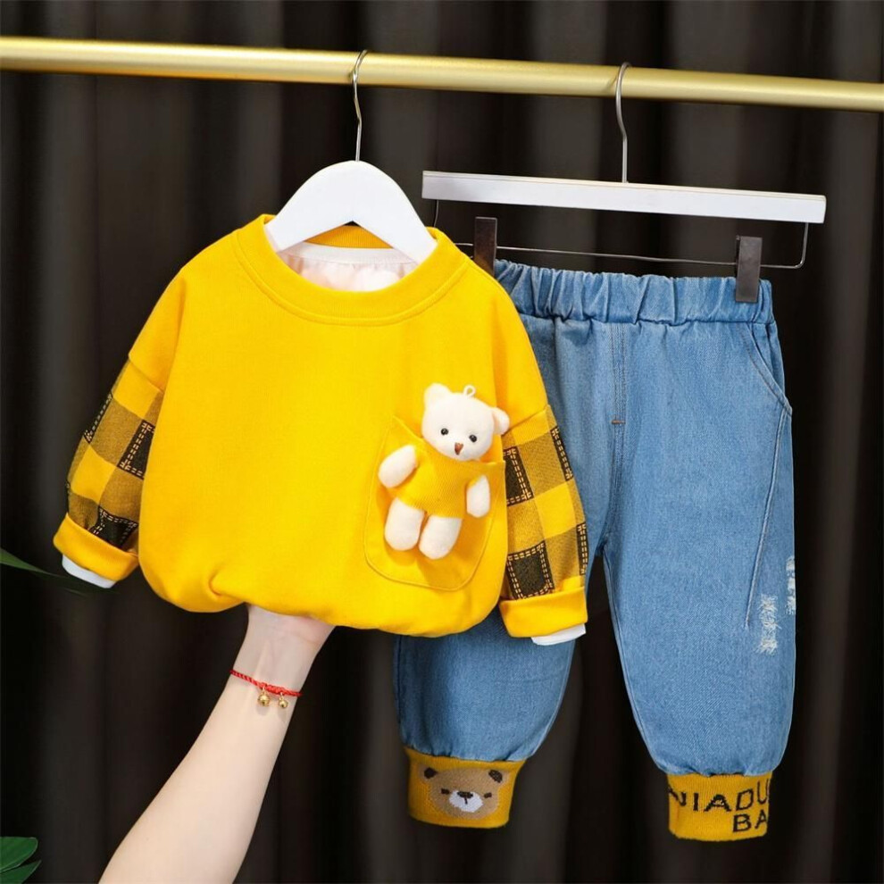 (yellow, 100cm) Fashion Spring And Autumn Kids Clothes Set Toddler Baby Boy Girl Casual Tops Child Jeans 2pcs Baby Boy Clothing Outfit