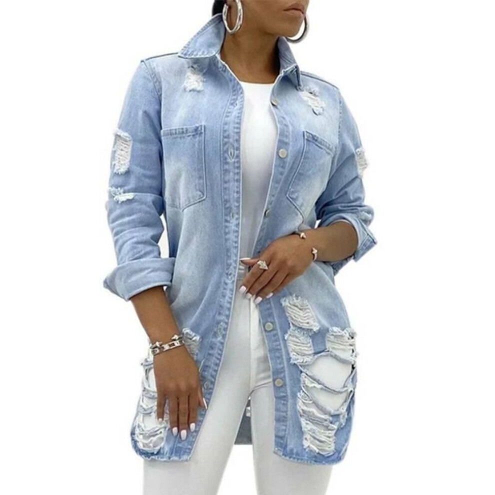(light blue, L) Womens Turn Down Collar Destroyed Mid Length Jeans Coats Casual Ladies Denim Jackets