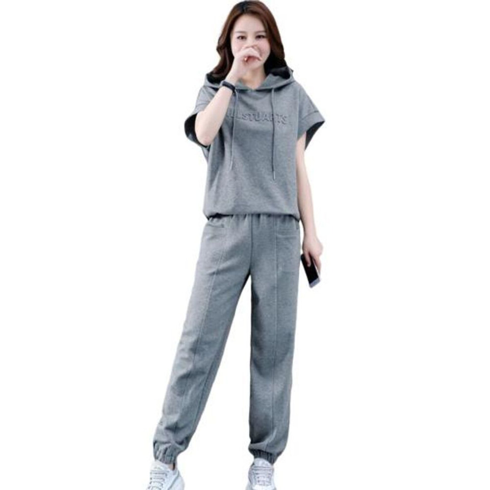 (grey, L) 2 Pcs/Set Women Hoodie Pants Set Casual Elastic Waist Solid Color Drawstring Hooded Sports Loose Pockets Plus Size Top Trousers Suit Female Garment