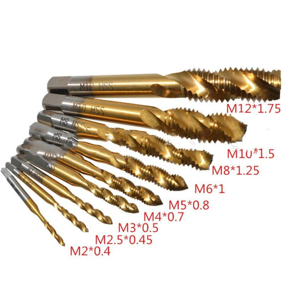 9pcs Machine Screw Tap Set M2-m12 Hss Titanium Spiral Flute Drill Taps Thread Tapping Tool