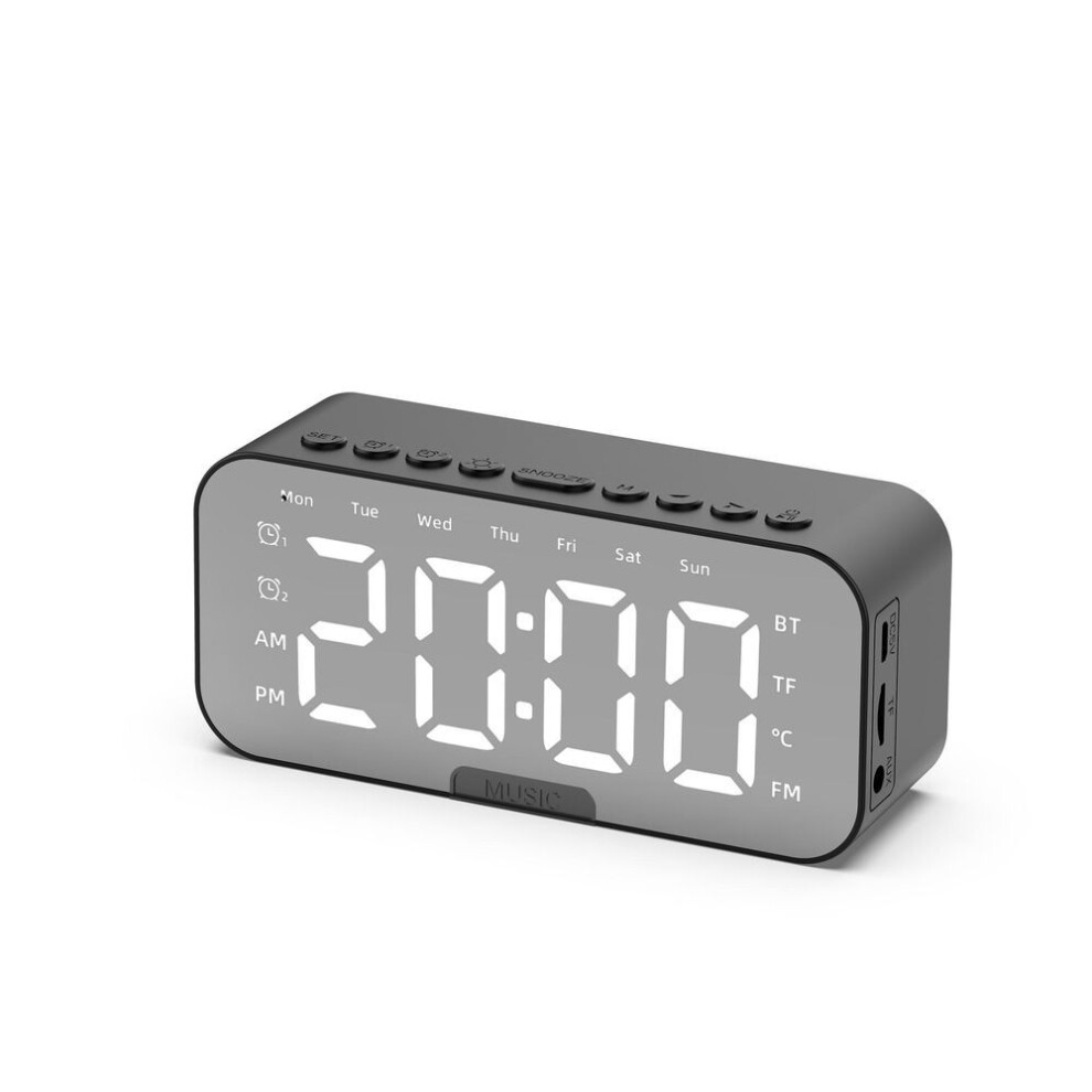 (black) Alarm Clock with Bluetooth Speaker Mirror Screen LED Digital Clock Temperature FM Radio for Bedroom Office Decor Table Clock Led