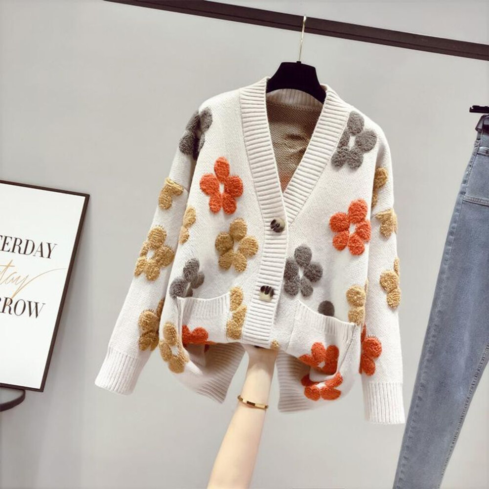 (One Size, beige) 2022 Spring and autumn fashion new women&apos;s knitted long-sleeved v-neck sweater cardigan jacket women loose western style
