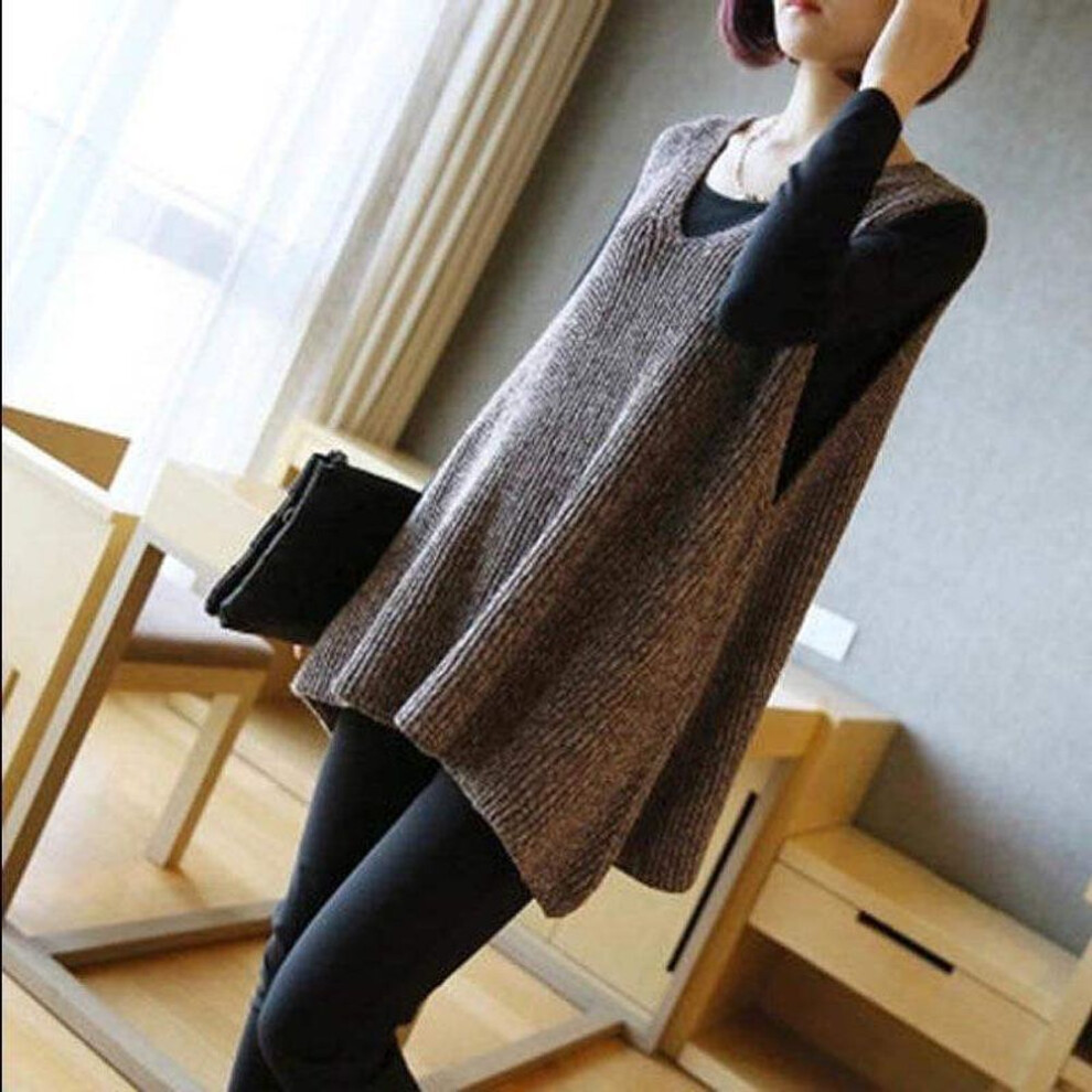 (brown, One Size) Mid-length Loose V-neck Sweater Vest Femal Plus Size Sleeveless Solid Color Simple Fashion Knitted Sweater Pullover Women Spring