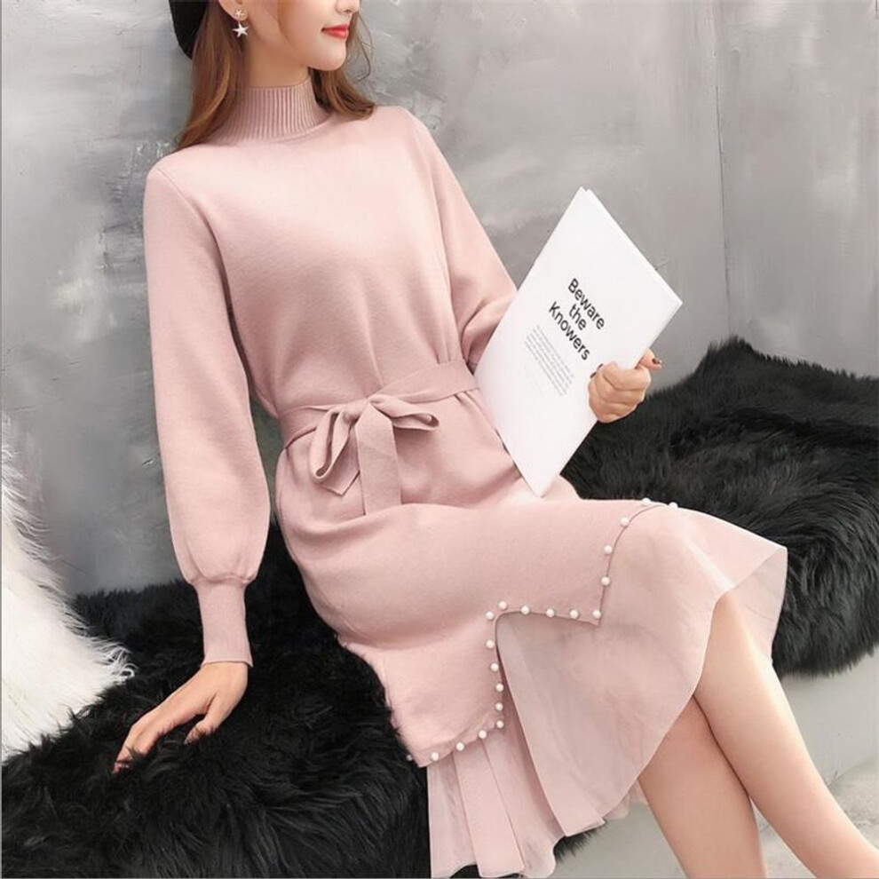 (pink, One Size) Women Winter Sweater Dress Long Koran Version Of The Bottom Skirt Knitted Turtleneck Beading Ham Lace