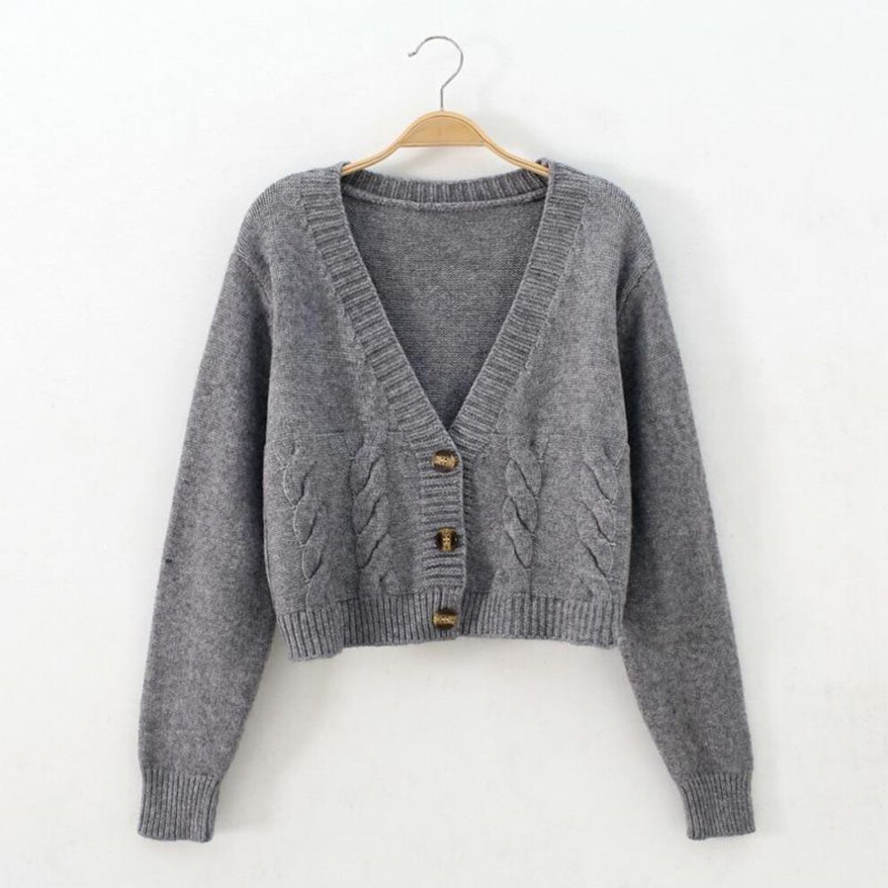(One Size, gray) Short Style High-waisted Slim Plastic Sweater Women 2021 Spring New Single-breasted Knitted Cardigan Twist Small Jacket