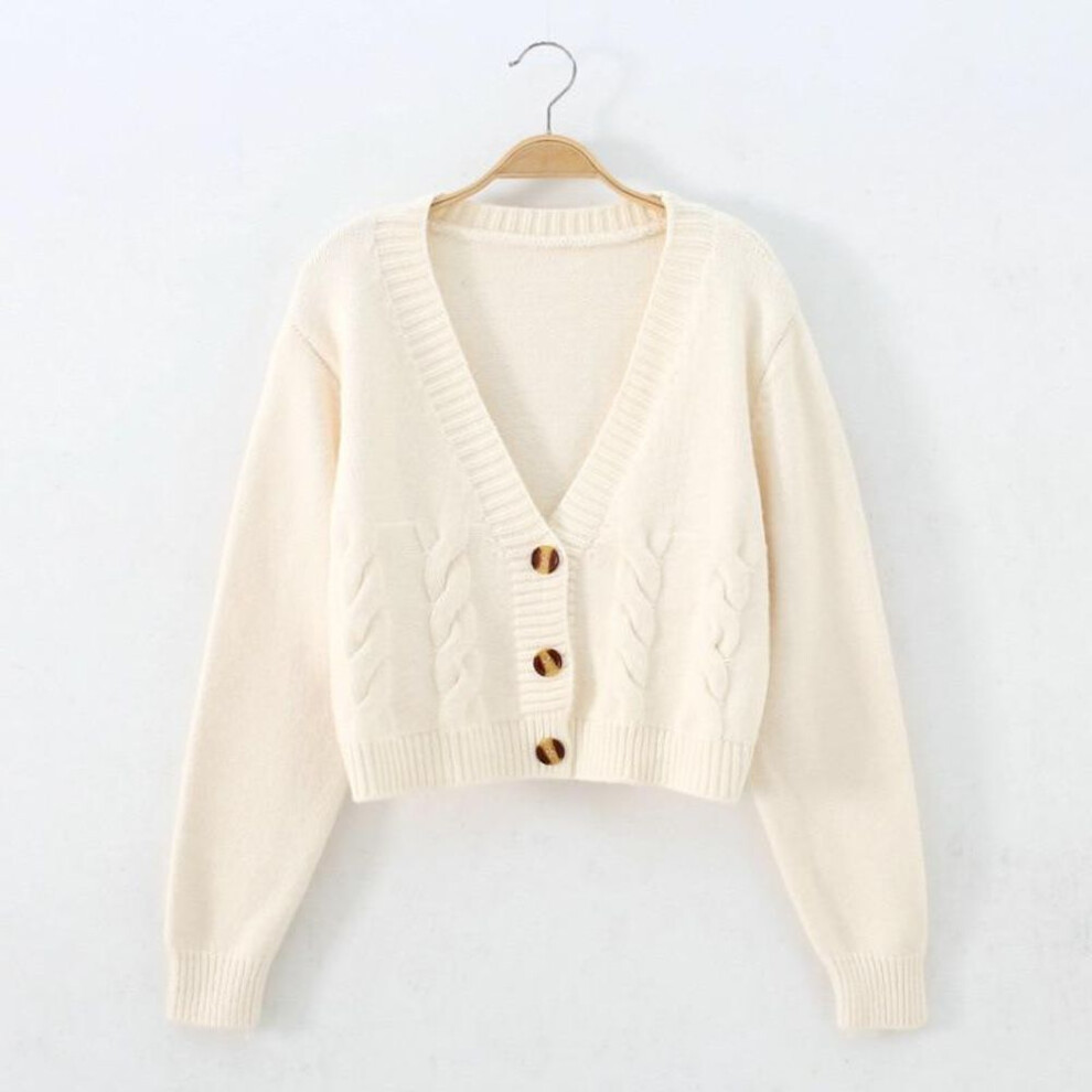 (One Size, beige) Short Style High-waisted Slim Plastic Sweater Women 2021 Spring New Single-breasted Knitted Cardigan Twist Small Jacket