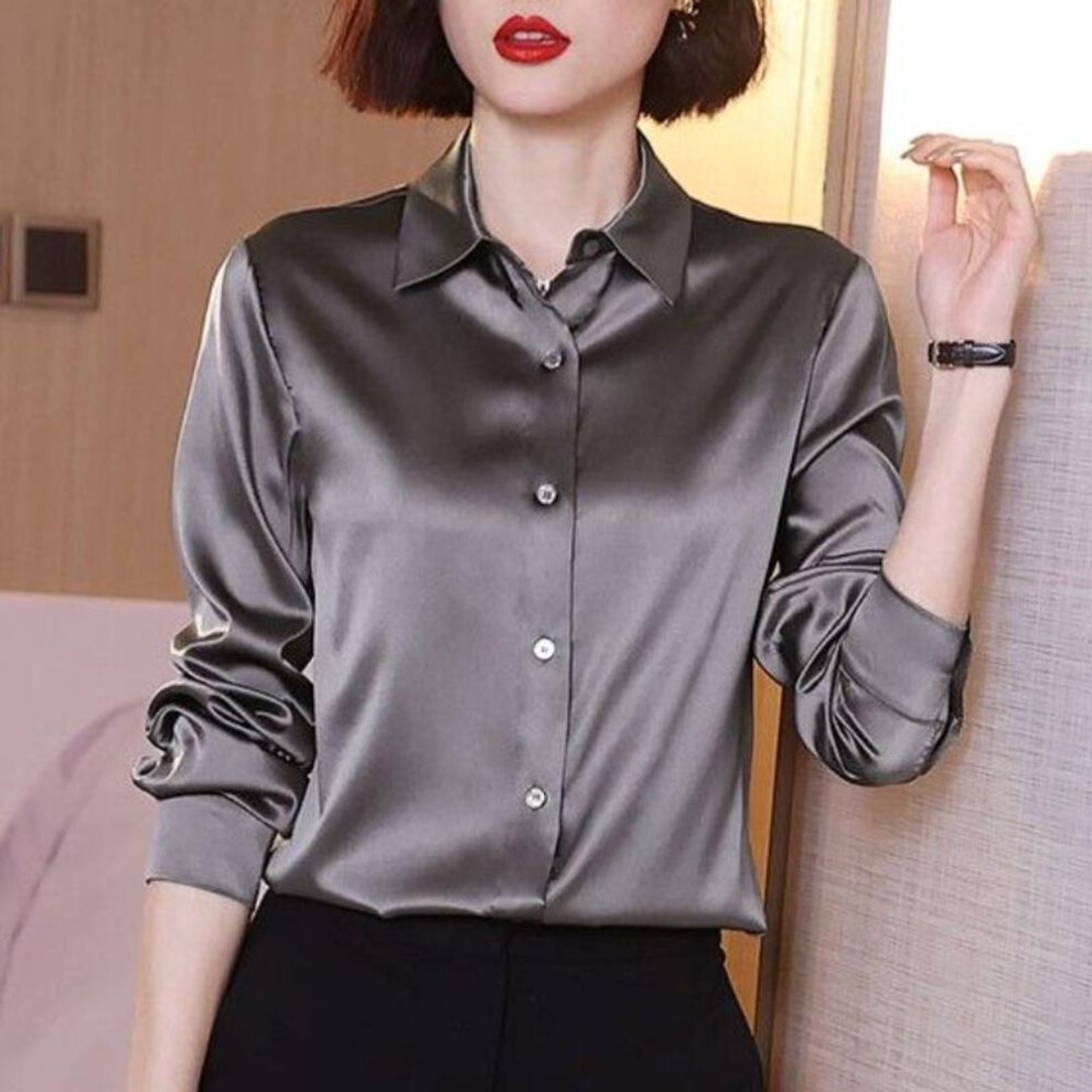(XXL, grey) Imitation Silk Long Sleeve Shirt For Women&apos;s Spring Autumn Satin Blouse Office Lapel Button Up Shirt White Black