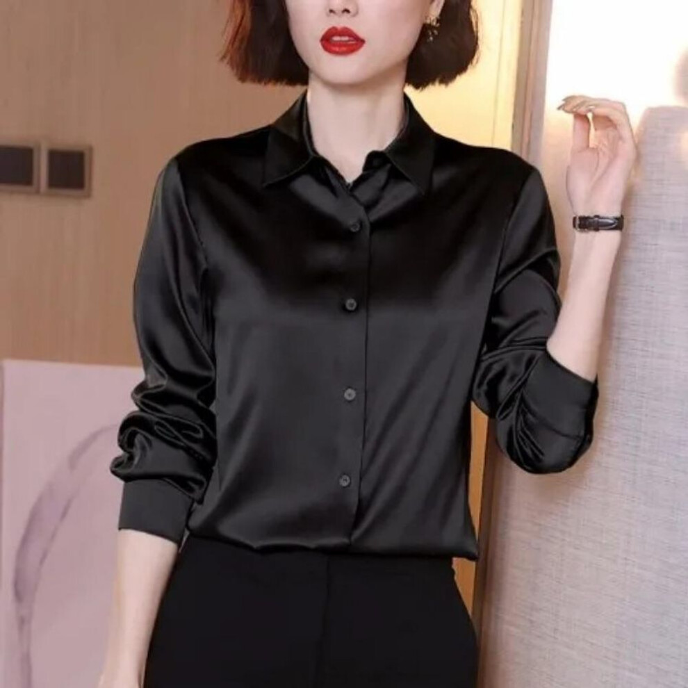 (S, black) Imitation Silk Long Sleeve Shirt for Women&apos;s Spring Autumn Satin Blouse Office Lapel Button Up Shirt White Black