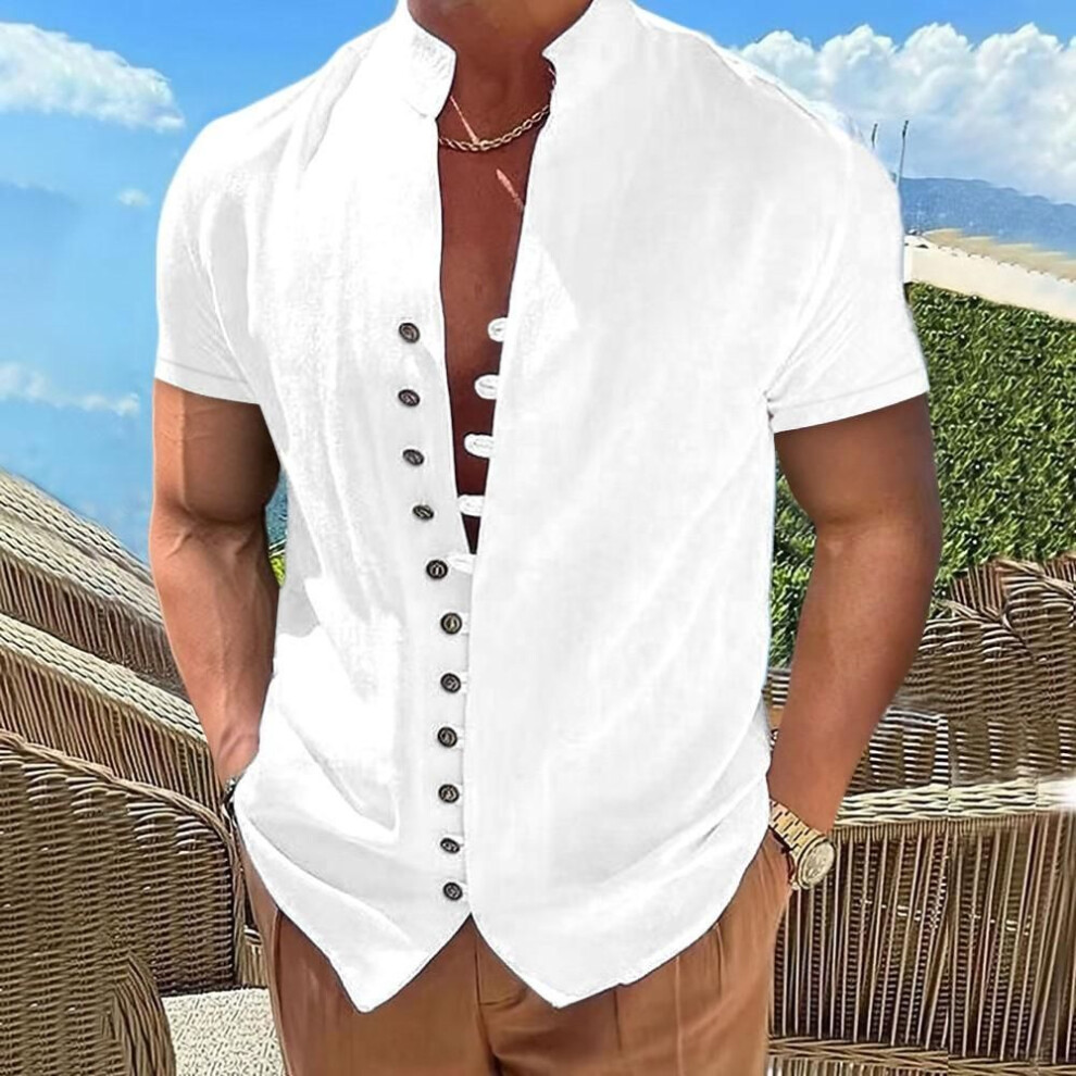 (XXL, white) Summer Men&apos;s Cotton Linen Tops White Black Vintage Button Up Stand Neck Short Sleeve Shirt Men