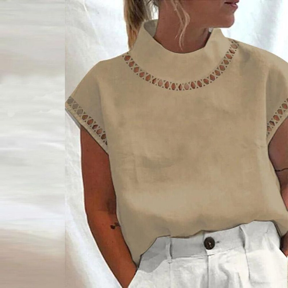 (L, khaki) Women Blouse Solid Color Hollow Top Casual Stand Collar Cotton Linen Blouses Ladies Lace Patchwork Breathable Shirt
