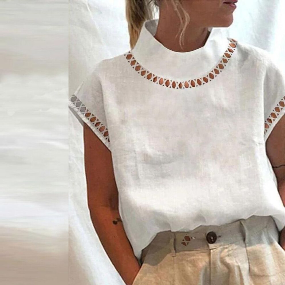 (L, white) Women Blouse Solid Color Hollow Top Casual Stand Collar Cotton Linen Blouses Ladies Lace Patchwork Breathable Shirt