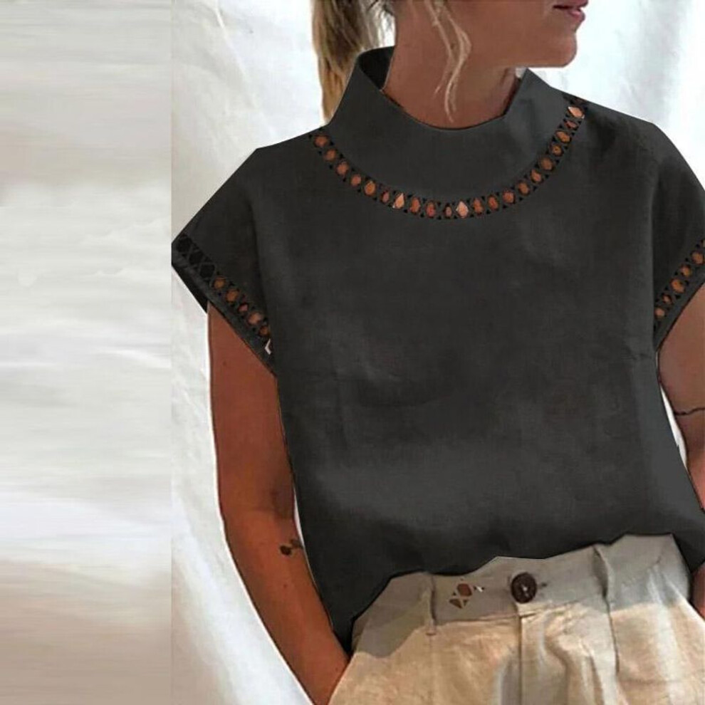 (L, black) Women Blouse Solid Color Hollow Top Casual Stand Collar Cotton Linen Blouses Ladies Lace Patchwork Breathable Shirt