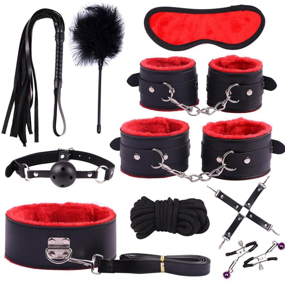 (red) Tap 10pcs Bondage Handcuffs Footcuffs Whip Blindfold Intimate Men Sex Toys Set
