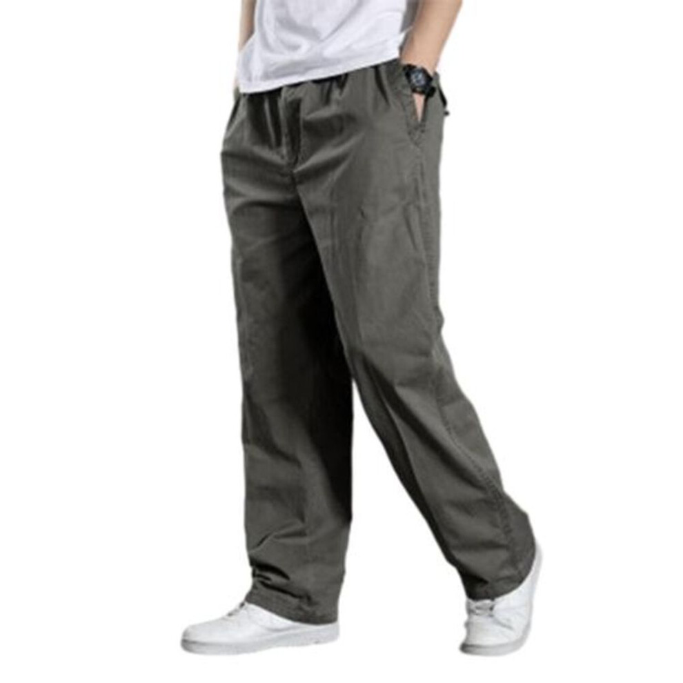 (army green, 3XL) Men Cargo Pants Spring Fall Elastic Waist Drawstring Solid Color Casual Loose Large Pocket Soft Male Straight Wide Leg Trousers Menswear