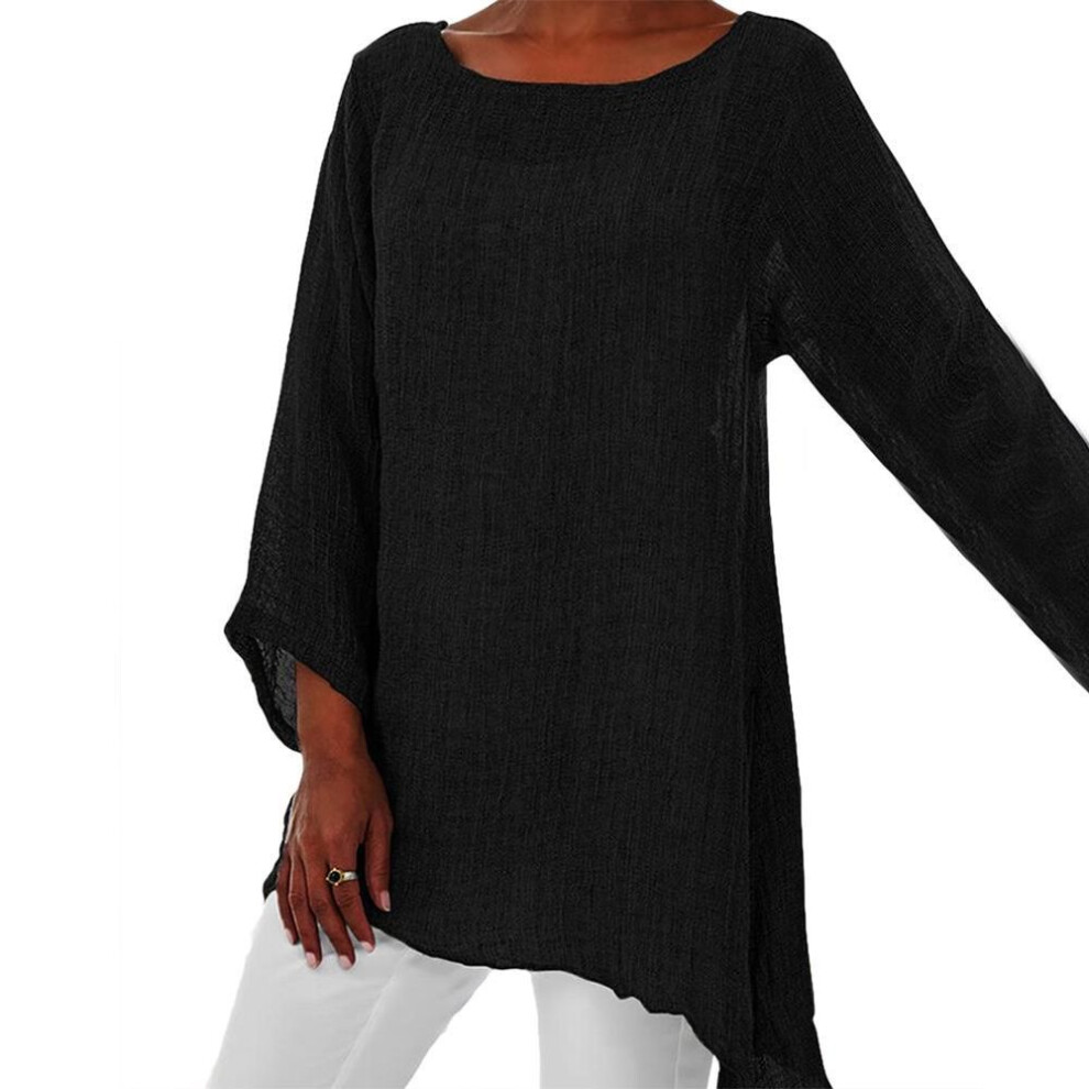 (XXL, black) Plus Size Women Fashion Solid Color O-neck Long Sleeve Irregular Pure Colot Tunic Top T-shirt