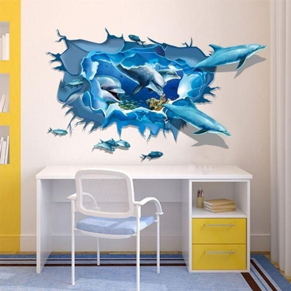 1pc New Aquarium Blue 3D Dolphins Crack Wall Sticker Kids Decal Vinyl Mural Home Art Deco