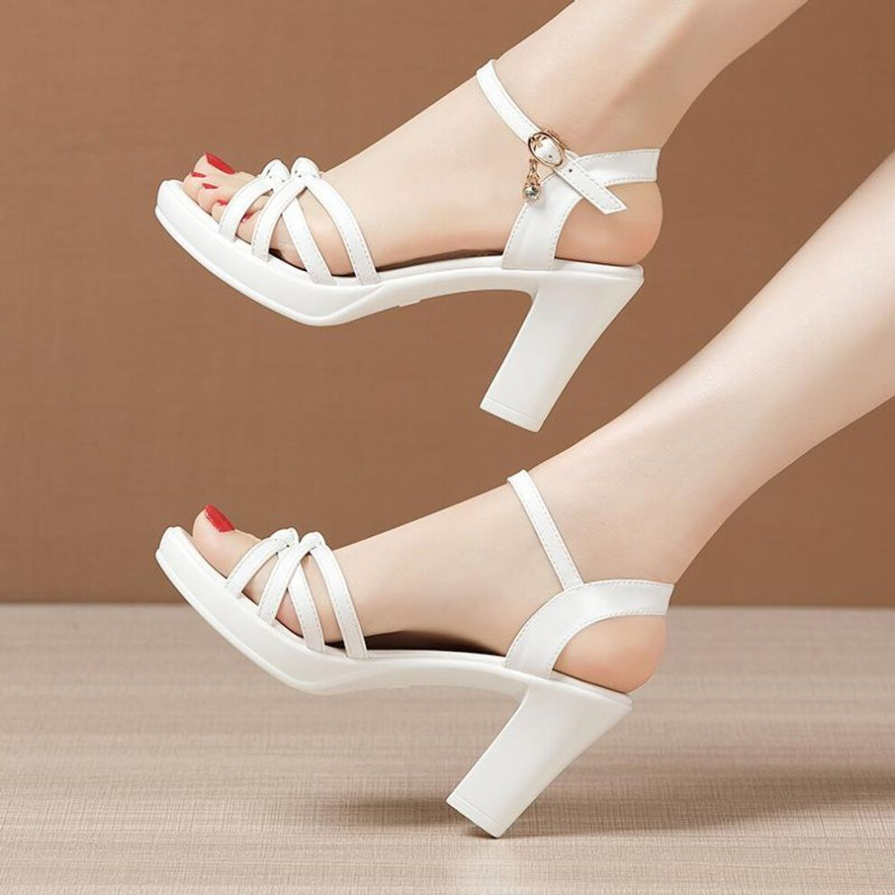(white, 39) Thick-heeled Leather Work Shoes Women High Heels Pumps Shoes