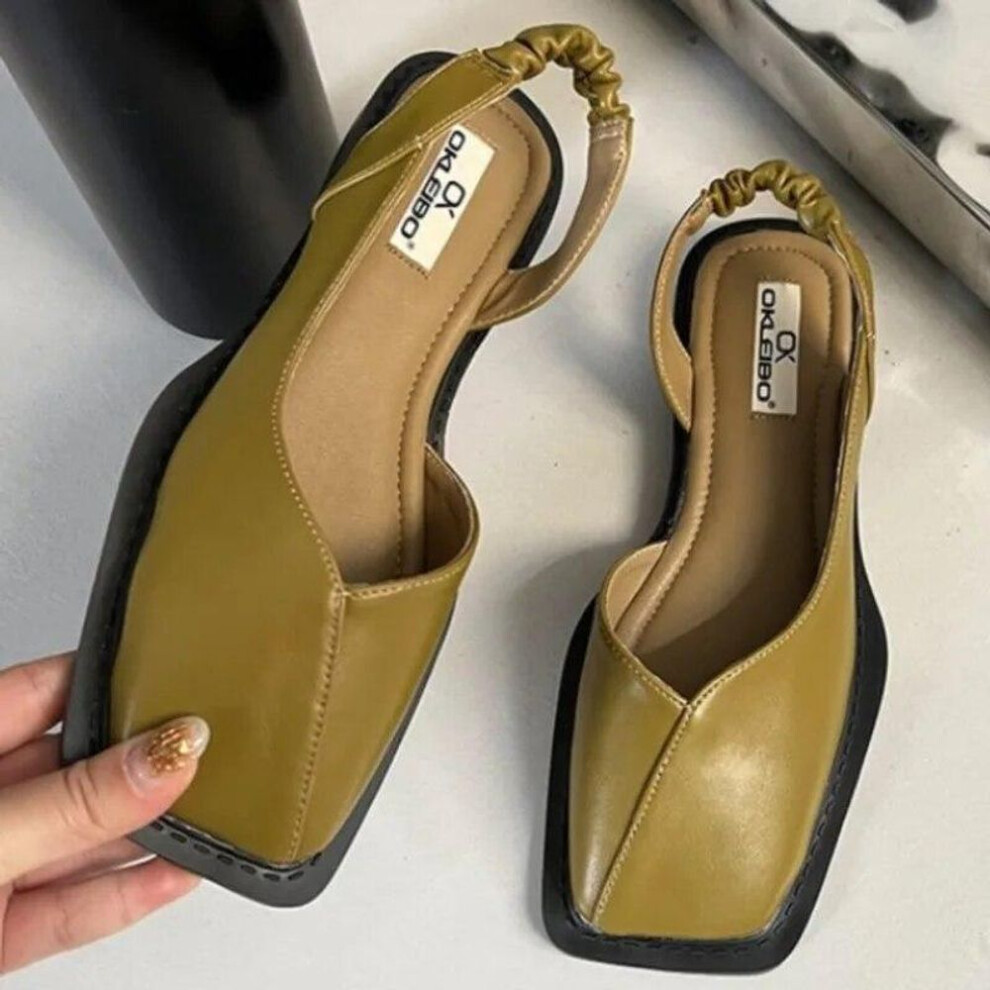 (green, 38) Summer Elegant Ladies Sandals Fashion Ladies Elastic Band Flat Heel Women Shallow Party Shoes Square Heel Square Toe