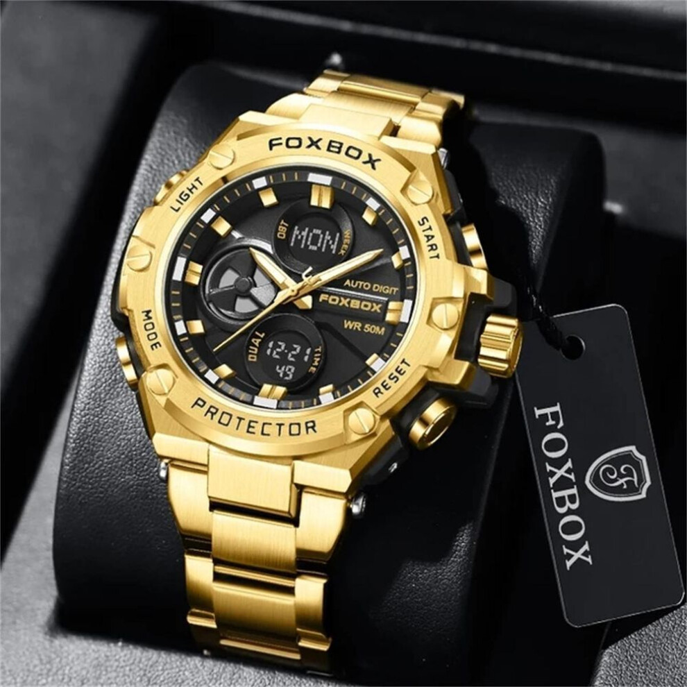 (gold,black) FOXBOX Business Men&apos;s Watches Luxury  Led Digital Dual Time Waterproof Luminous  Stainless Steel  Quartz Wristwatches
