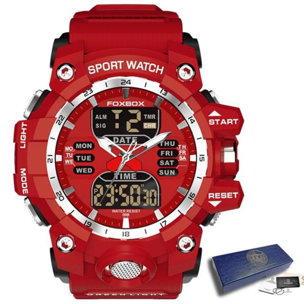(red) LIGE New Men Watch Dual Display LED Digital Watch for Men Waterproof Chronograph Quartz Military Sport Electronic Wristwatch