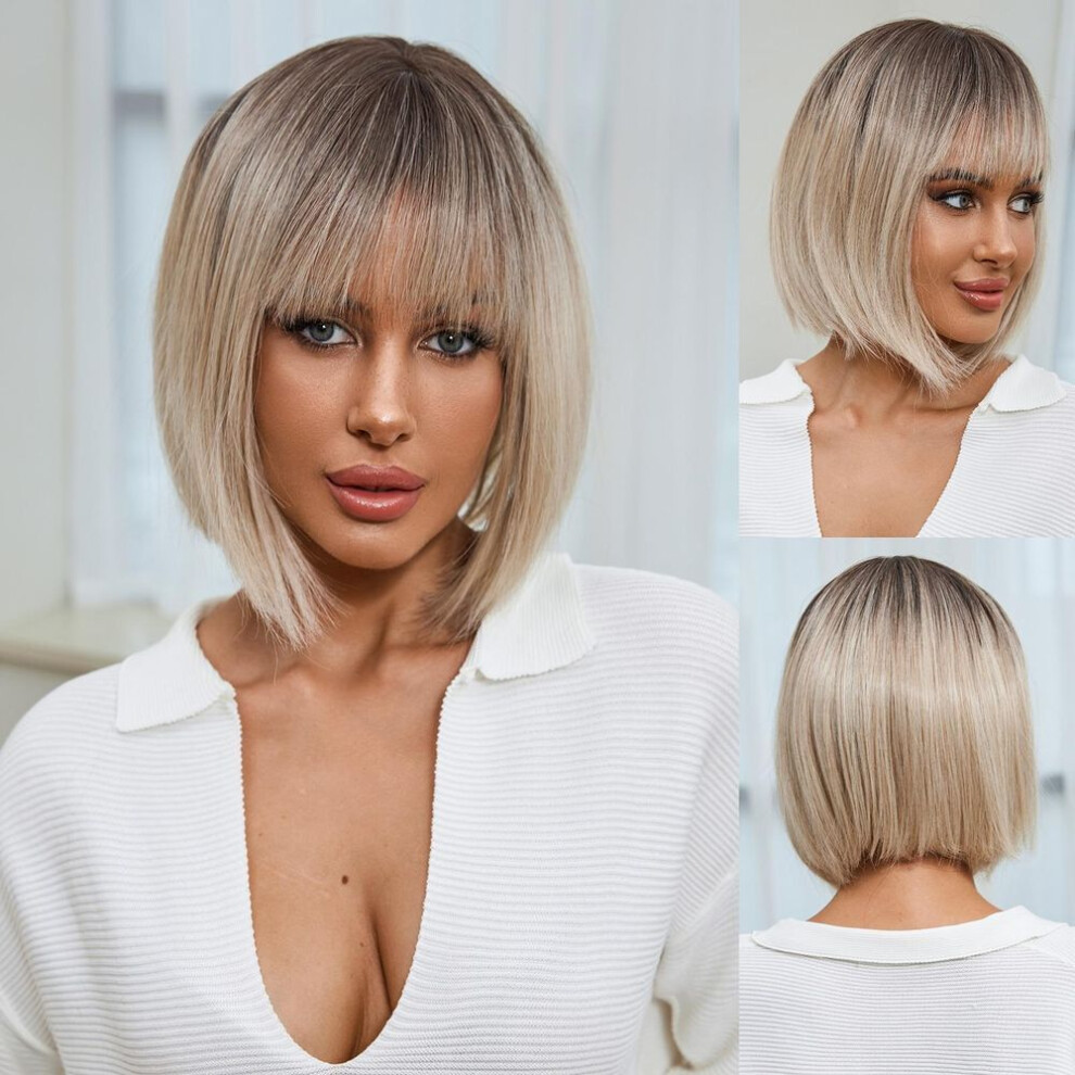 (as the picture) EASIHAIR Short Bobo Brown Ombre Synthetic Natural Hair Wig with Bangs for Women Cosplay Party Heat Resistant Fiber Wigs