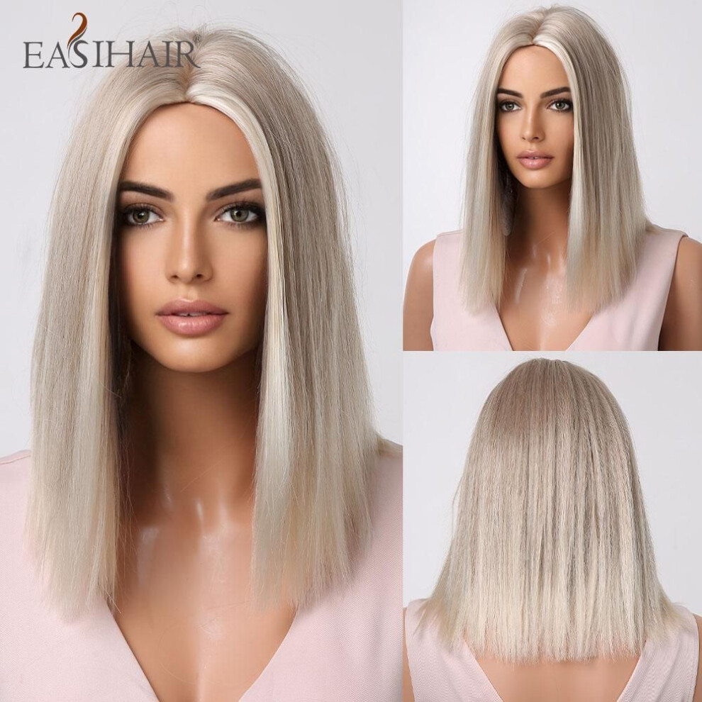 Platinum Blonde Ombre Synthetic Wig Short Bob Hair Wig Middle Part For Women Daily Cosplay Heat Resistant Wig
