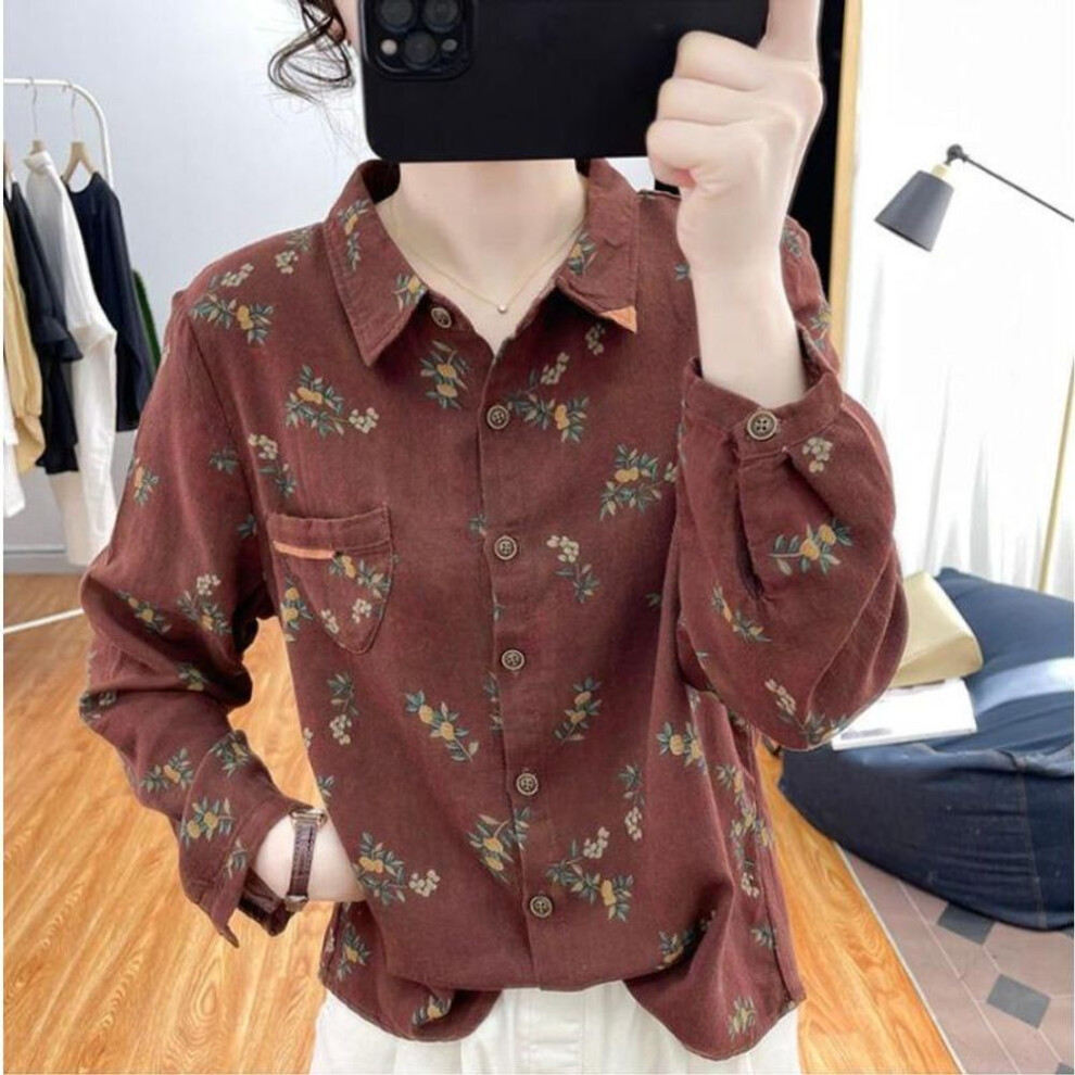 (4XL, red) Korean Cotton Linen Floral Long Sleeved Shirt Women&apos;s Autumn Blouses Digital Printed Fashion Top Retro Base Shirt