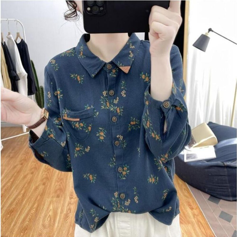 (XXXL, blue) Korean Cotton Linen Floral Long Sleeved Shirt Women&apos;s Autumn Blouses Digital Printed Fashion Top Retro Base Shirt