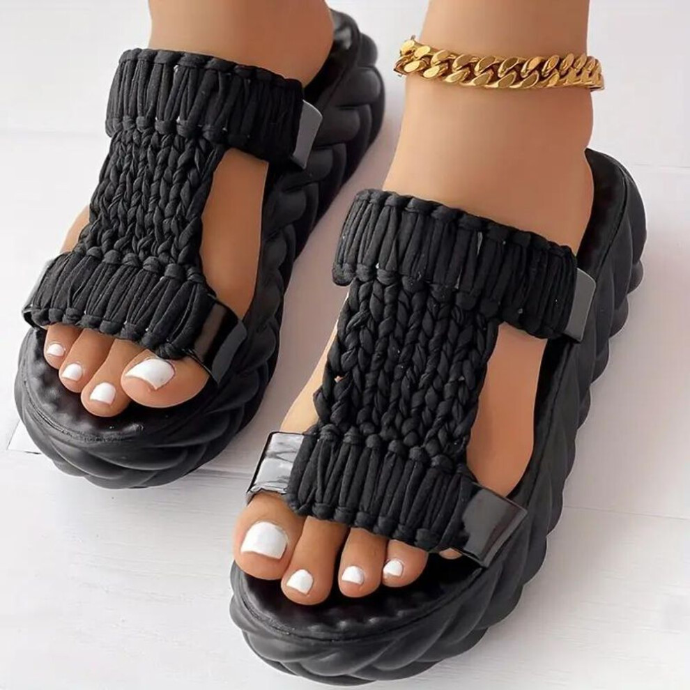 (black, 38) Slippers Women Braided Peep Toe Platform Sandals Summer Beach Wear Flat Shoes Solid Color Knit Sandals